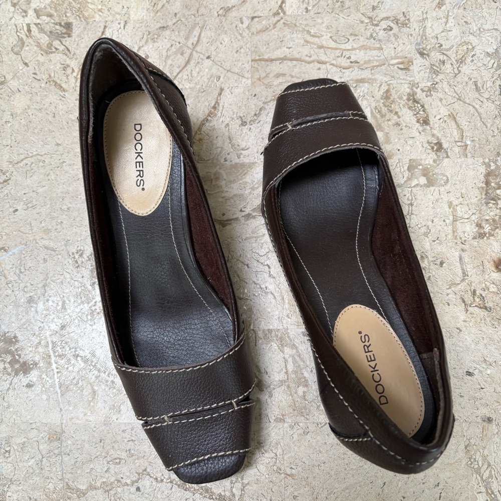 Brown Leather Medium Heel Open Toe Elegant Pump Slip On Moety Size 7.5-8M Docker